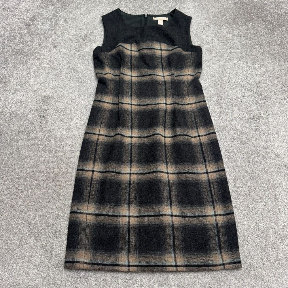 Banana Republic Plaid Sheath Dress Womens 2 Gray Brown Wool Blend Sleeveless